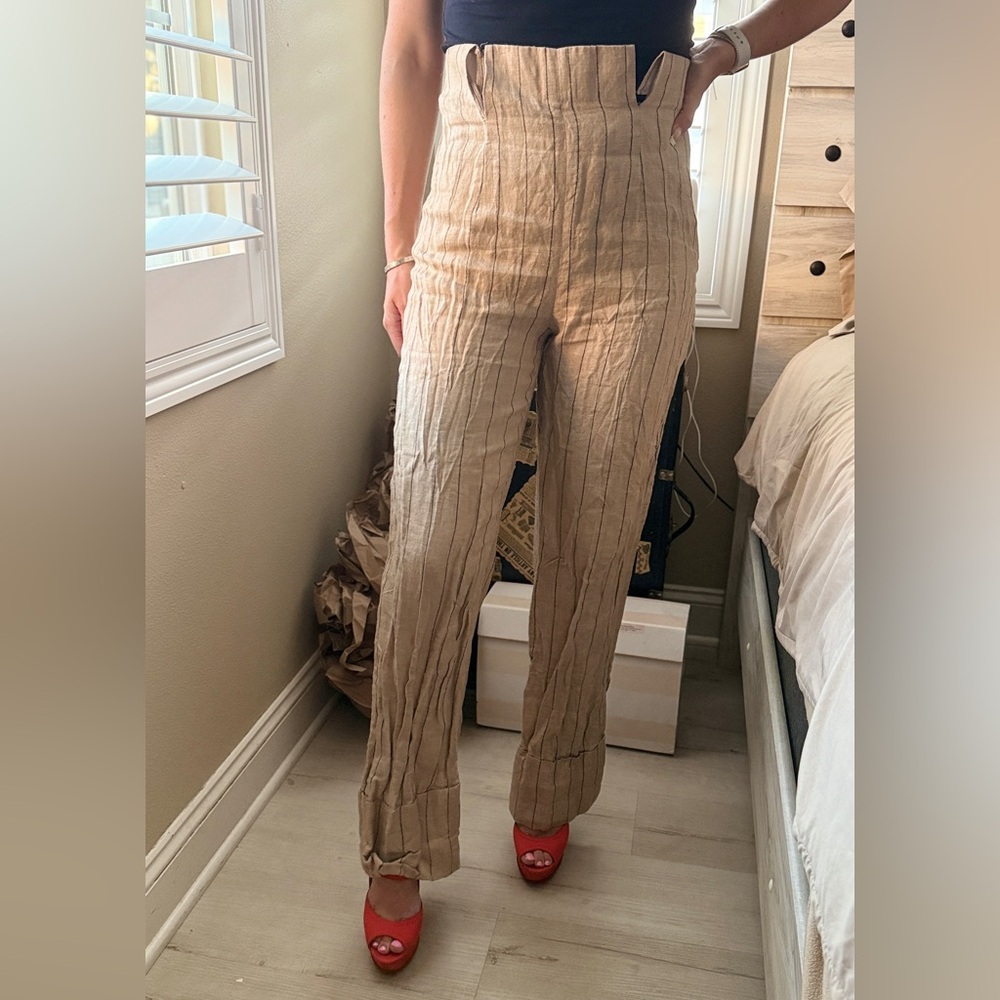 Zara Women's Tan Pinstripe Linen Pants